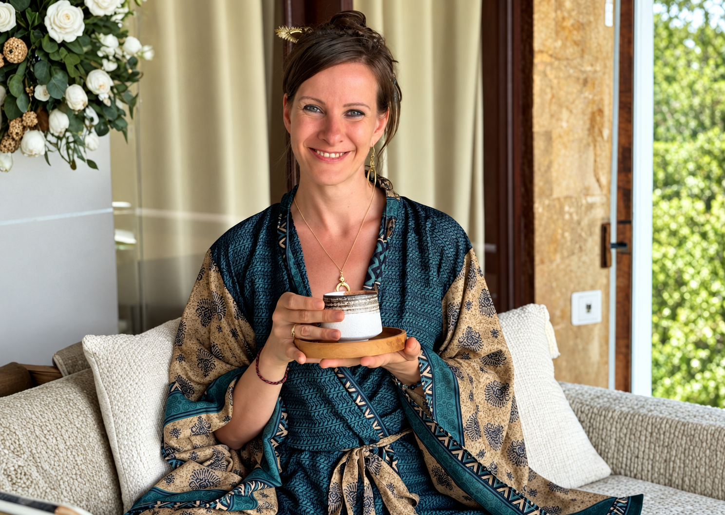 Julia Krause mit einer Tasse Tee auf dem Sofa